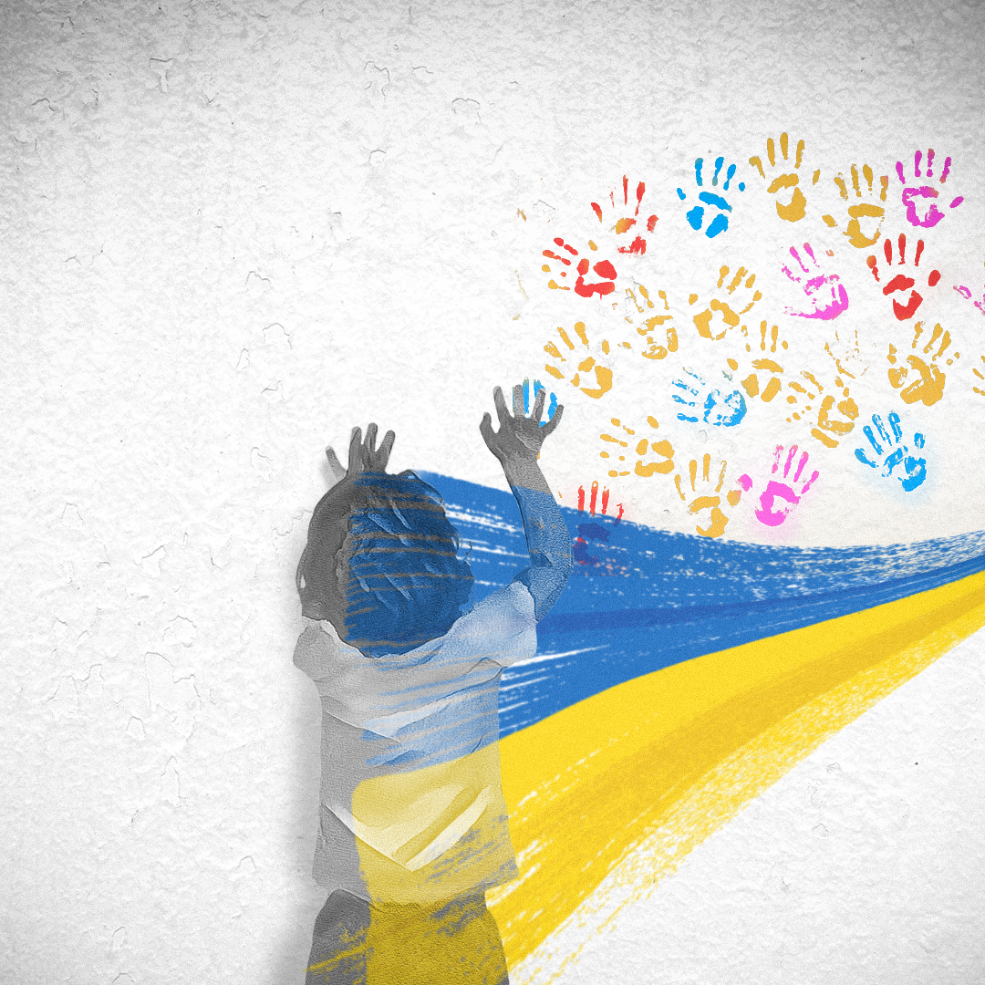 Taken from Ukraine campaign artwork showing a child and handprints