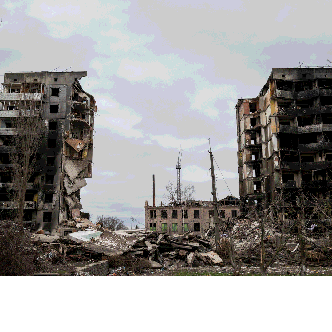 Step-by-step breakdown of the Taken from Ukraine visual: source portrait, desaturation, and the blue-and-yellow Ukrainian flag treatment